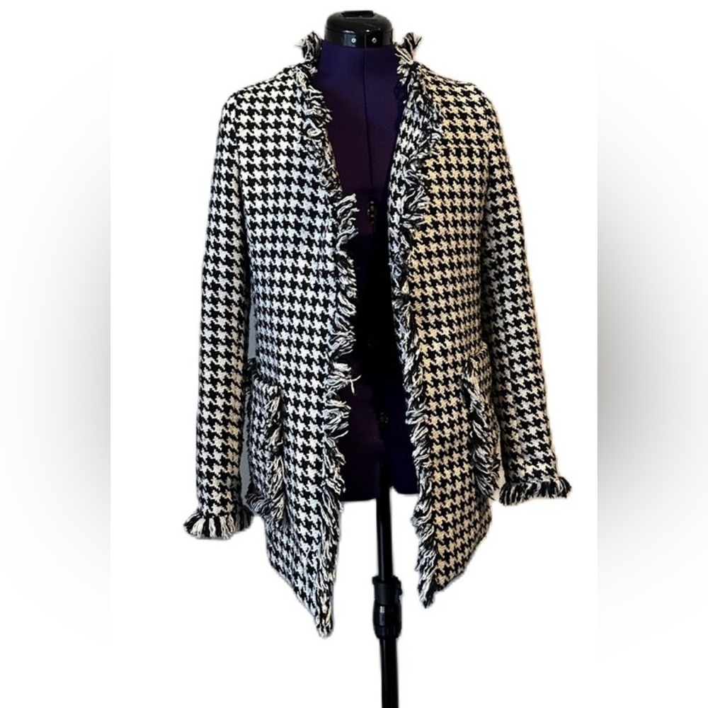 Dolce Cabo White Black Houndstooth Fringe Jacket